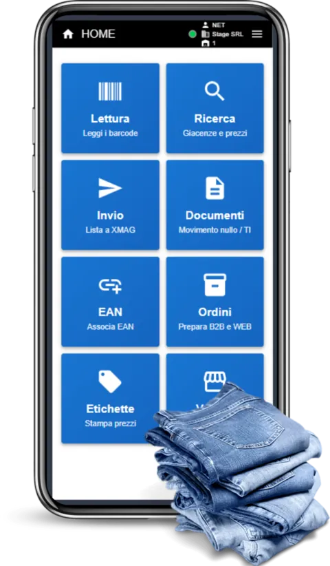 App Mobile XMAG su smartphone: lettura barcode, ricerca giacenze, ordini ed etichette